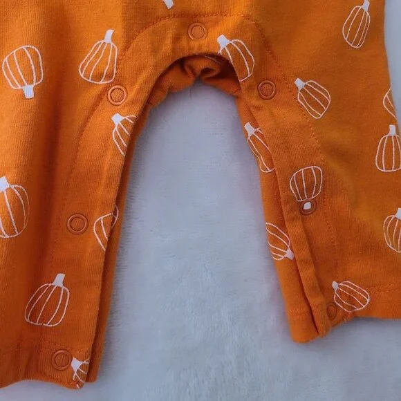 Cat & Jack Baby NB Pumpkin Print Long Sleeve Ruffle Romper Orange - Picture 3 of 7